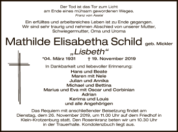 Traueranzeige von Mathilde Elisabetha Schild von Offenbach