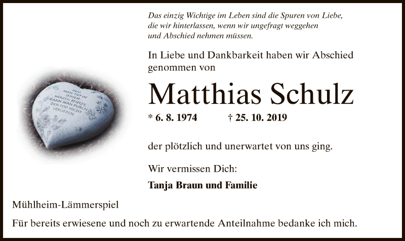  Traueranzeige für Matthias Schulz vom 30.11.2019 aus Offenbach