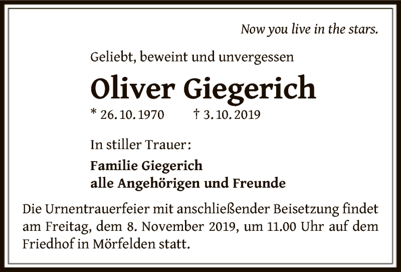  Traueranzeige für Oliver Giegerich vom 02.11.2019 aus Offenbach