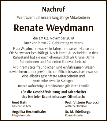 Traueranzeige von Renate Weydmann von Offenbach