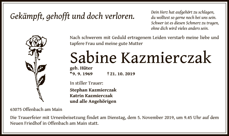  Traueranzeige für Sabine Kazmierczak vom 02.11.2019 aus Offenbach