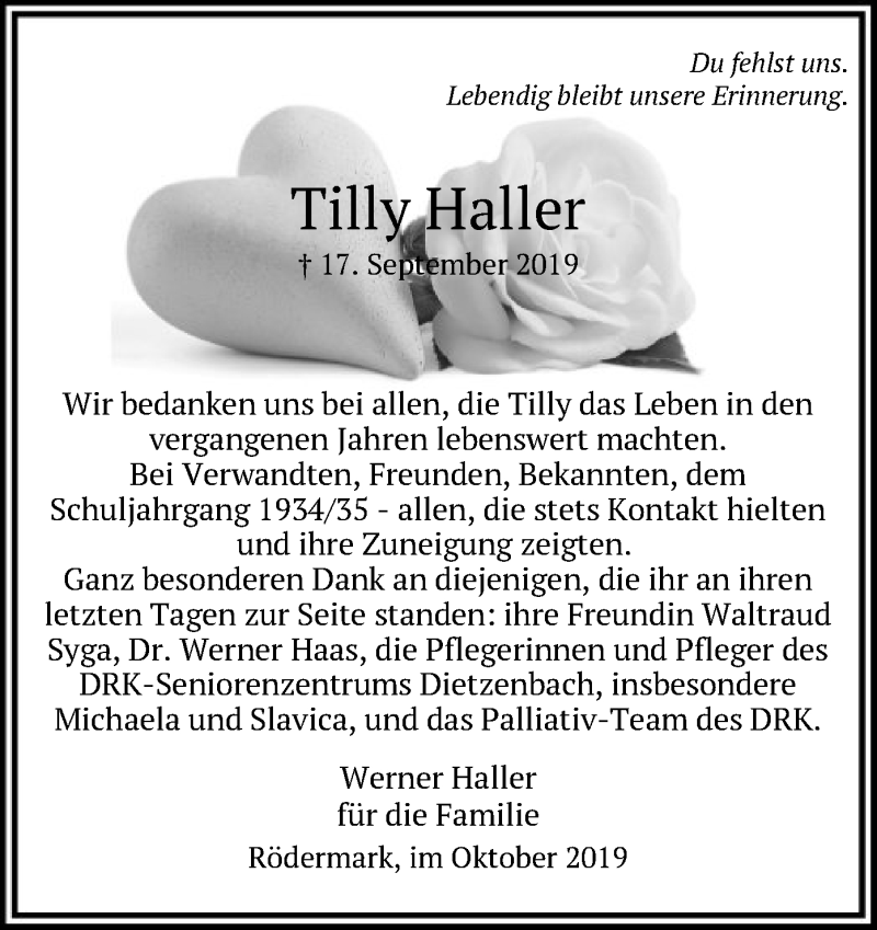  Traueranzeige für Tilly Haller vom 02.11.2019 aus Offenbach