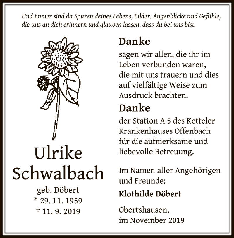  Traueranzeige für Ulrike Schwalbach vom 23.11.2019 aus Offenbach