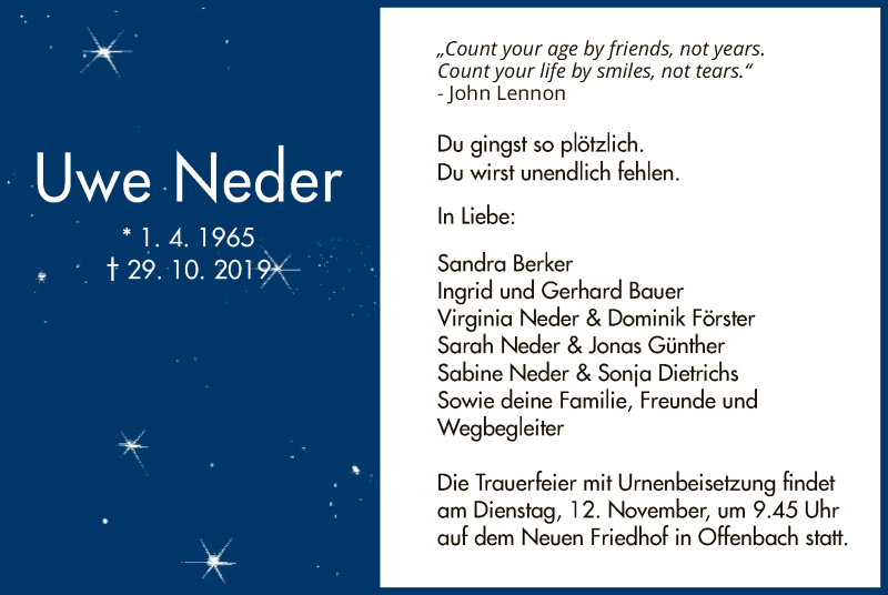  Traueranzeige für Uwe Neder vom 09.11.2019 aus Offenbach