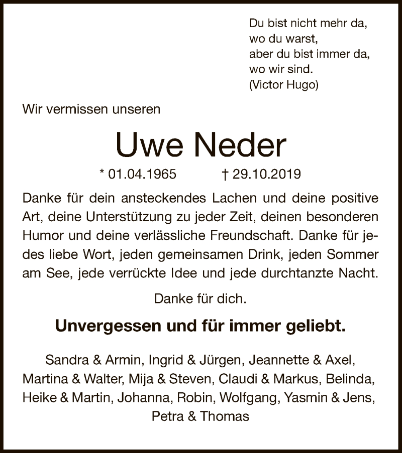  Traueranzeige für Uwe Neder vom 13.11.2019 aus Offenbach