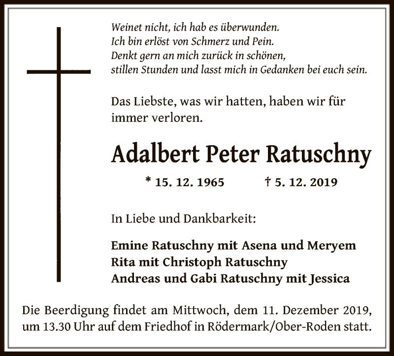  Traueranzeige für Adalbert Peter Ratuschny vom 07.12.2019 aus Offenbach