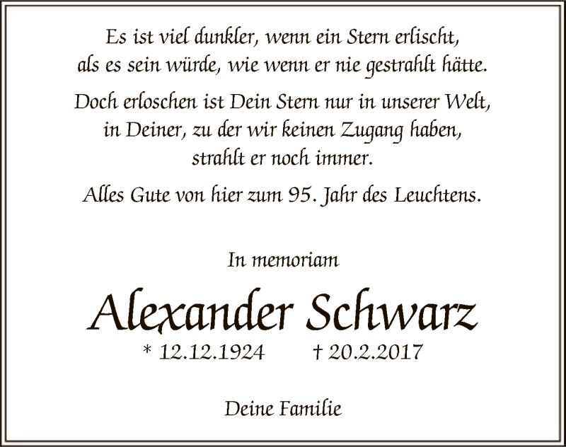  Traueranzeige für Alexander Schwarz vom 14.12.2019 aus Offenbach