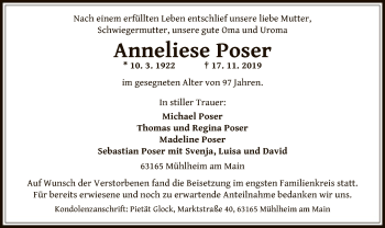 Traueranzeige von Anneliese Poser von Offenbach