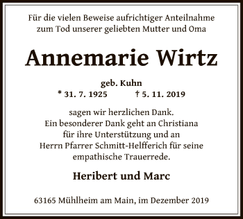 Traueranzeige von Annemarie Wirtz von Offenbach