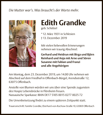 Traueranzeige von Edith Grandke von Offenbach