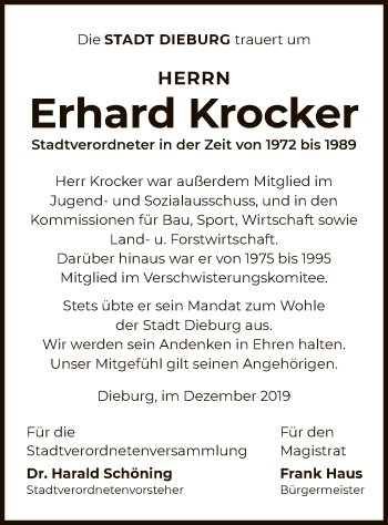 Traueranzeige von Erhard Krocker von Offenbach