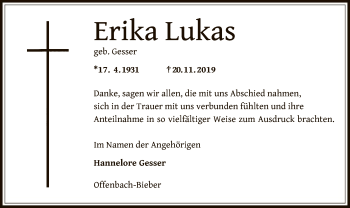 Traueranzeige von Erika Lukas von Offenbach