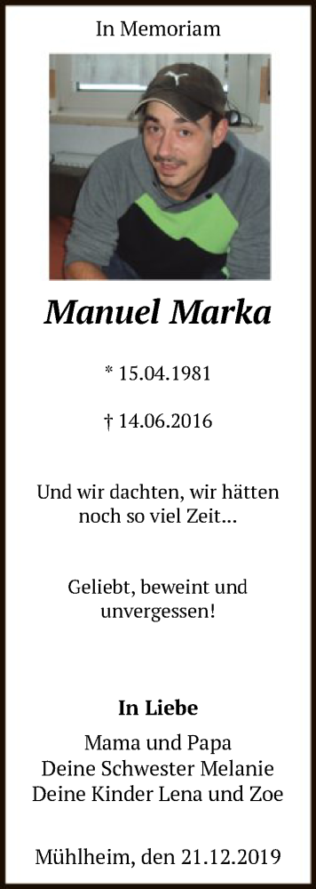  Traueranzeige für Manuel Marka vom 26.12.2019 aus Offenbach