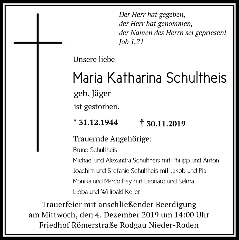  Traueranzeige für Maria Katharina Schultheis vom 03.12.2019 aus Offenbach