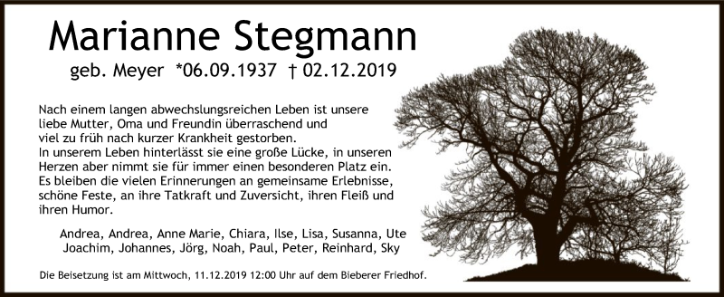  Traueranzeige für Marianne Stegmann vom 07.12.2019 aus Offenbach