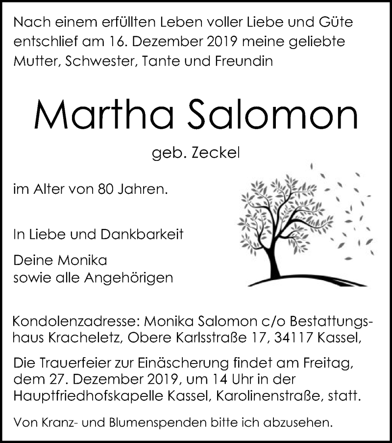 mangel spiller Havbrasme Traueranzeigen von Martha Salomon | trauer.op-online.de