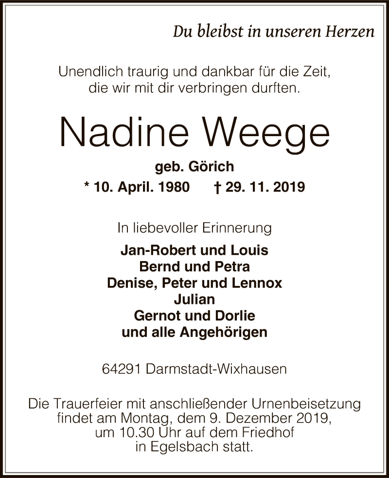  Traueranzeige für Nadine Weege vom 05.12.2019 aus Offenbach