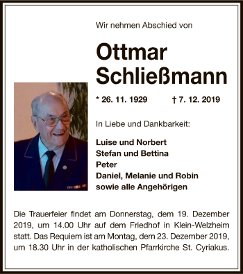 Traueranzeige von Ottmar Schließmann von Offenbach