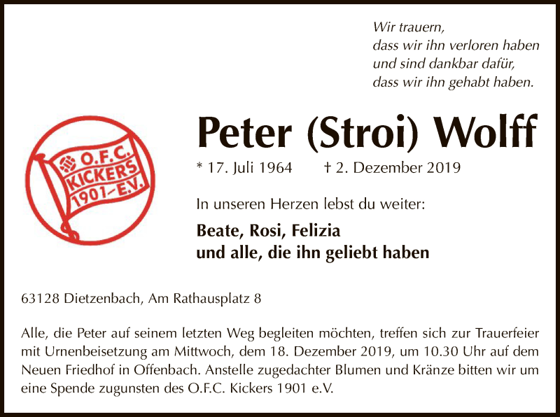  Traueranzeige für Peter Wolff vom 12.12.2019 aus Offenbach