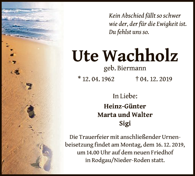  Traueranzeige für Ute Wachholz vom 12.12.2019 aus Offenbach