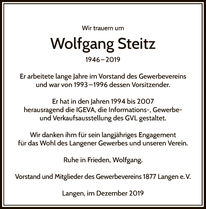  Traueranzeige für Wolfgang Steitz vom 21.12.2019 aus Offenbach