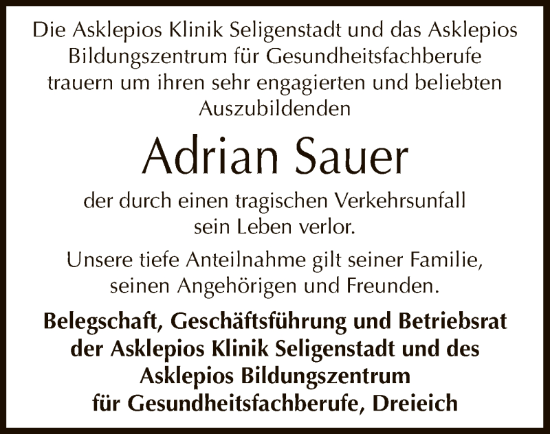  Traueranzeige für Adrian Sauer vom 07.02.2019 aus Offenbach