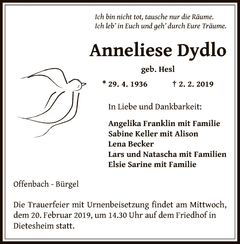  Traueranzeige für Anneliese Dydlo vom 16.02.2019 aus Offenbach