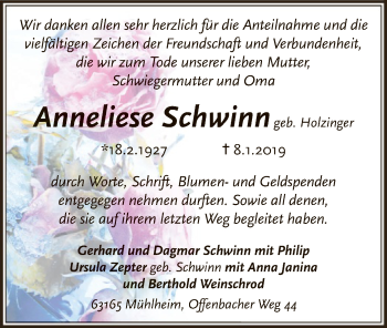 Traueranzeige von Anneliese Schwinn von Offenbach