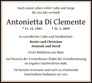 Traueranzeige von Antonietta Di Clemente von Offenbach