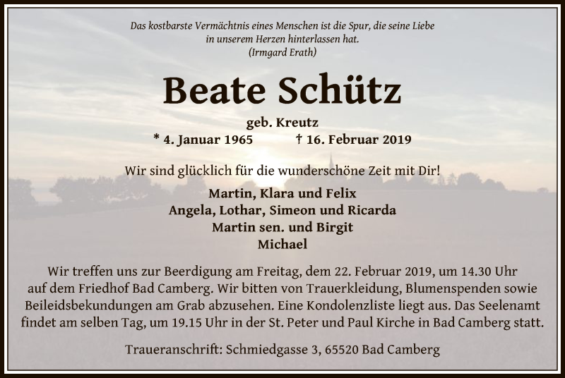  Traueranzeige für Beate Schütz vom 19.02.2019 aus Offenbach