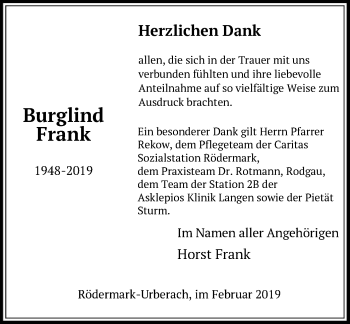 Traueranzeige von Burglind Frank von Offenbach