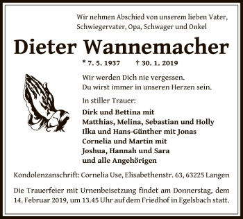 Traueranzeige von Dieter Wannemacher von Offenbach