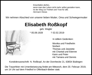 Traueranzeige von Elisabeth Roßkopf von Offenbach