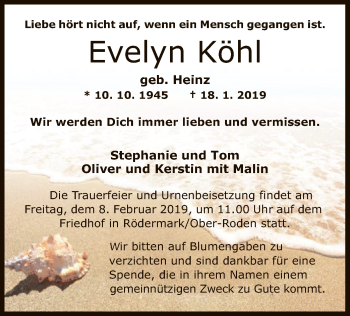 Traueranzeige von Evelyn Köhl von Offenbach