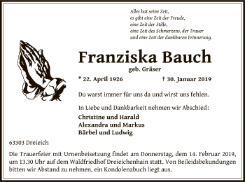 Traueranzeige von Franziska Bauch von Offenbach
