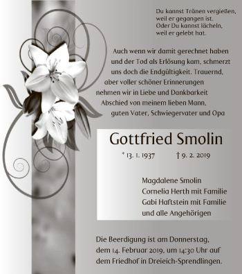 Traueranzeige von Gottfried Smolin von Offenbach