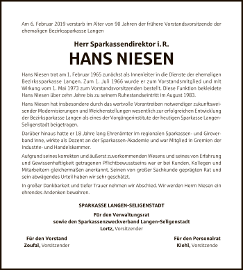 Traueranzeige von Hans Niesen von Offenbach