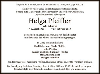 Traueranzeige von Helga Pfeiffer von Offenbach