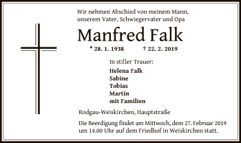 Traueranzeige von Manfred Falk von Offenbach