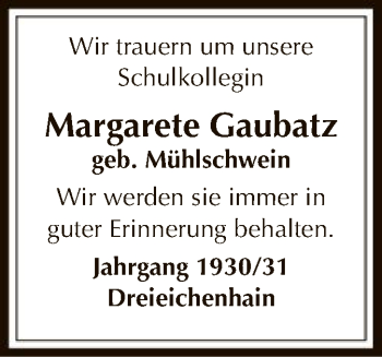 Traueranzeige von Margarete Gaubatz von Offenbach