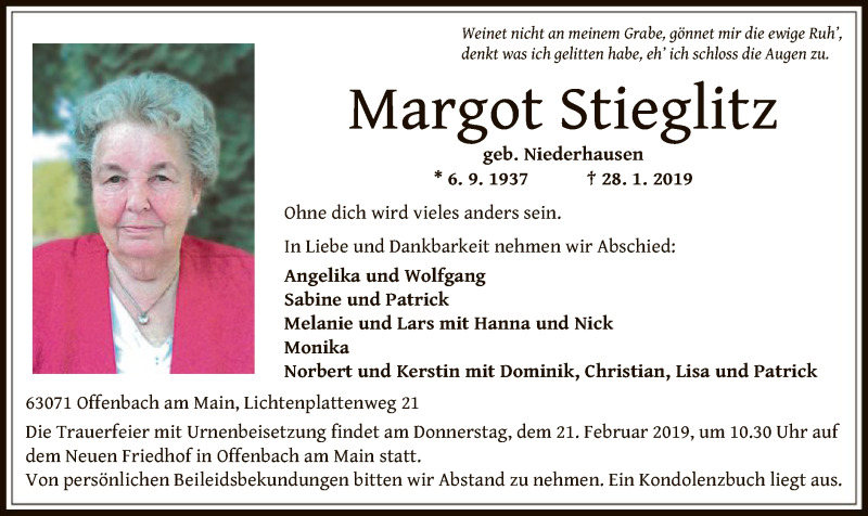  Traueranzeige für Margot Stieglitz vom 09.02.2019 aus Offenbach