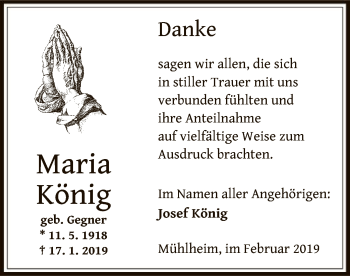 Traueranzeige von Maria König von Offenbach