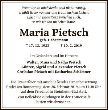 Traueranzeige von Maria Pietsch von Offenbach