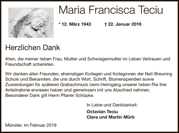 Traueranzeige von Maria Francisca Teciu von Offenbach