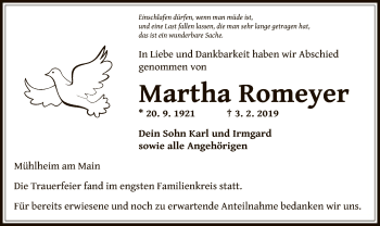 Traueranzeige von Martha Romeyer von Offenbach