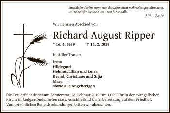 Traueranzeige von Richard August Ripper von Offenbach