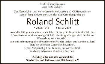 Traueranzeige von Roland Schlitt von Offenbach