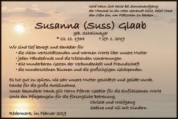 Traueranzeige von Susanna Glaab von Offenbach