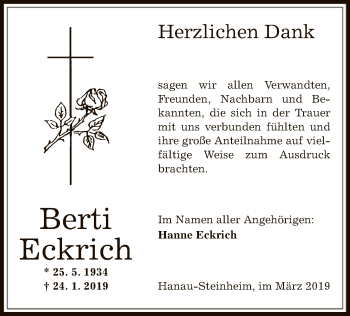 Traueranzeige von Berti Eckrich von Offenbach