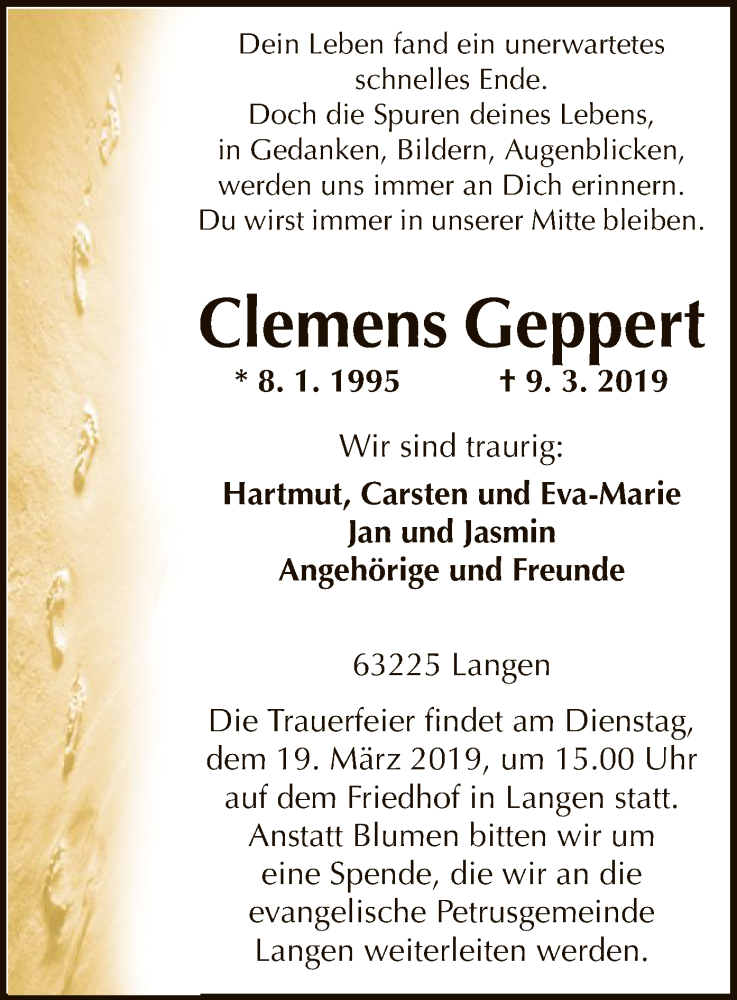  Traueranzeige für Clemens Geppert vom 14.03.2019 aus Offenbach